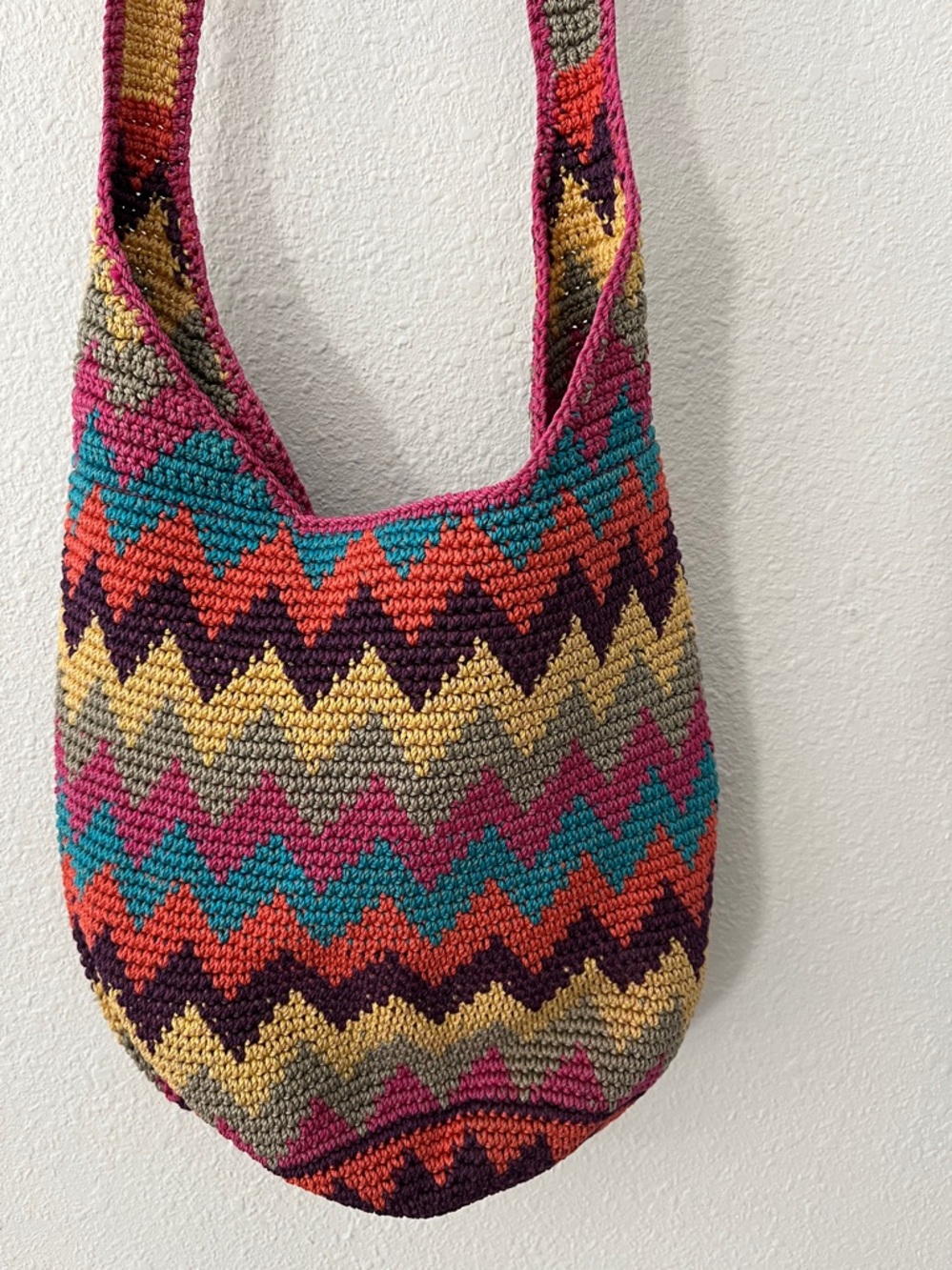 the Sak Multicolor Crochet Shoulder Bag 
Bohemian - Pink, Teal & Mustard
OS